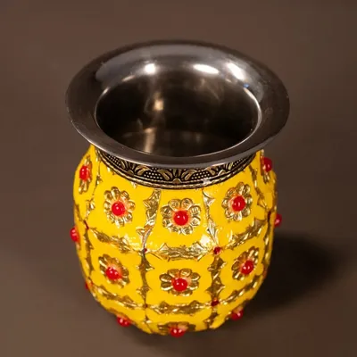 Yellow Meenakari Pooja Thali Set 10 Inch thumbnail 4