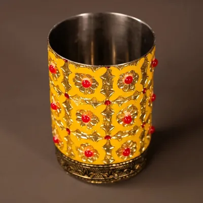 Yellow Meenakari Pooja Thali Set 10 Inch thumbnail 5