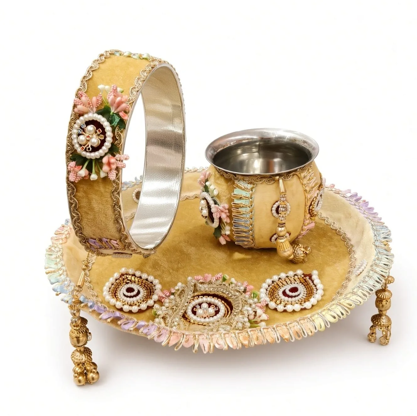 Karwa Chauth Pooja Thali Set with Lota and Channi golden beige colour