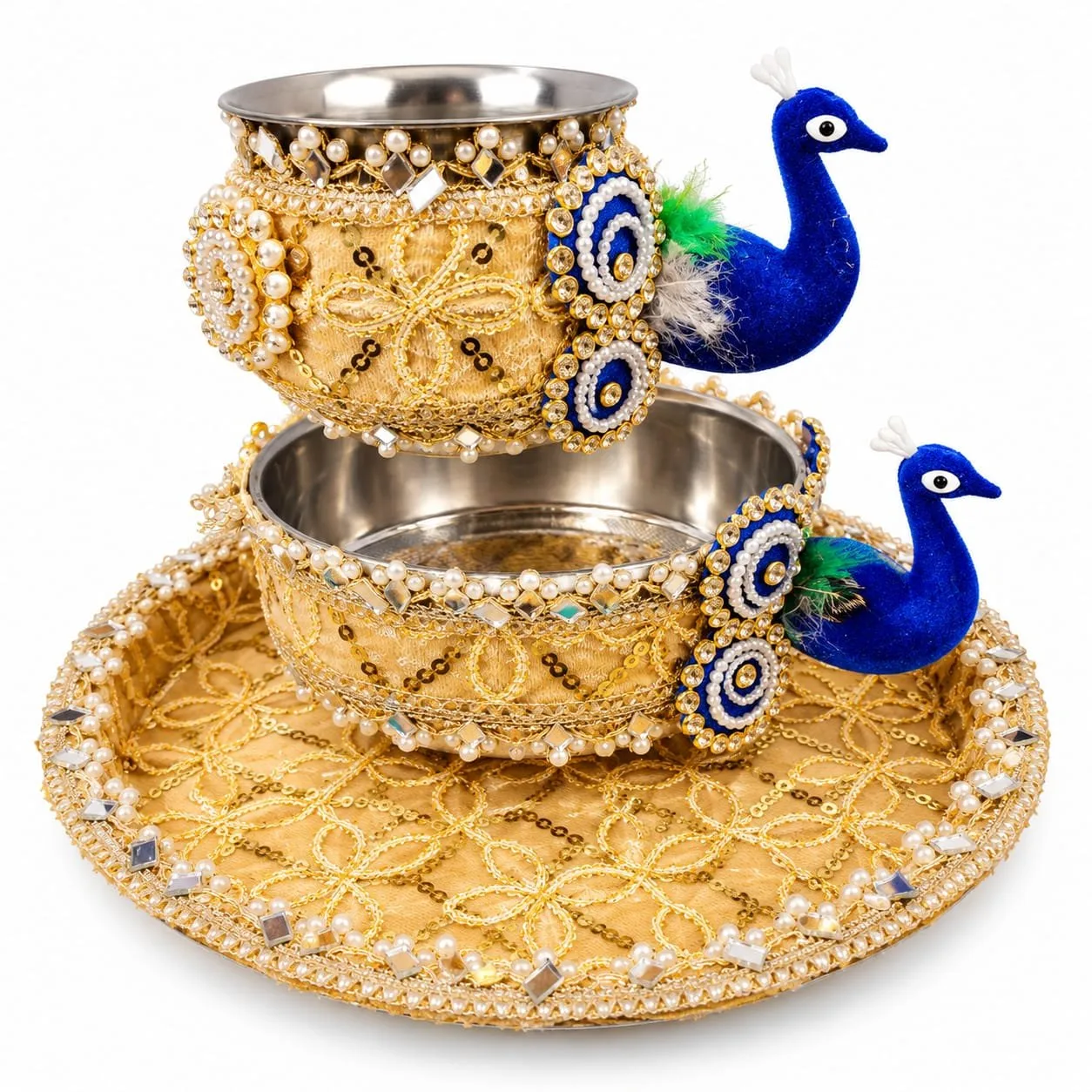 Karwa Chauth Pooja Thali Set with Lota and Channi peacock face golden colour