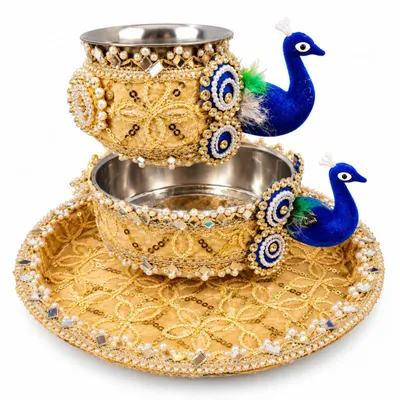 Karwa Chauth Pooja Thali Set with Lota and Channi peacock face golden colour