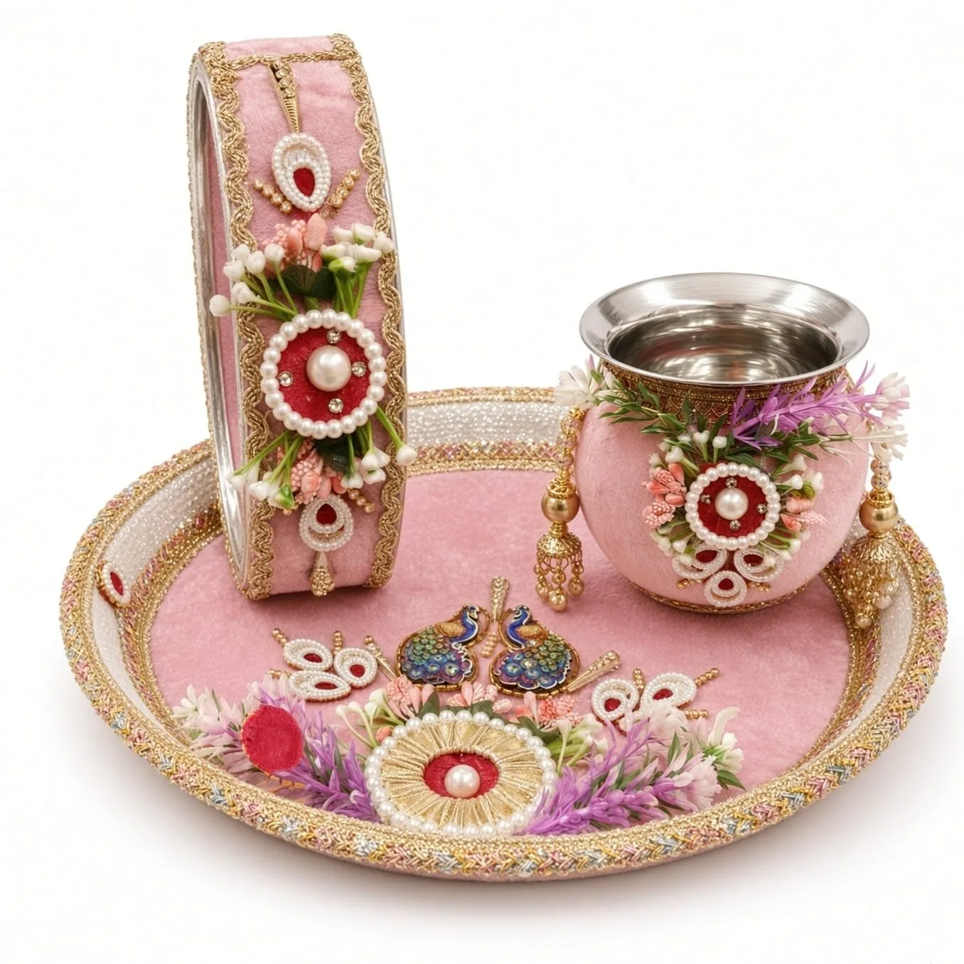 Karwa Chauth Pooja Thali Set with Lota and Channi light pink