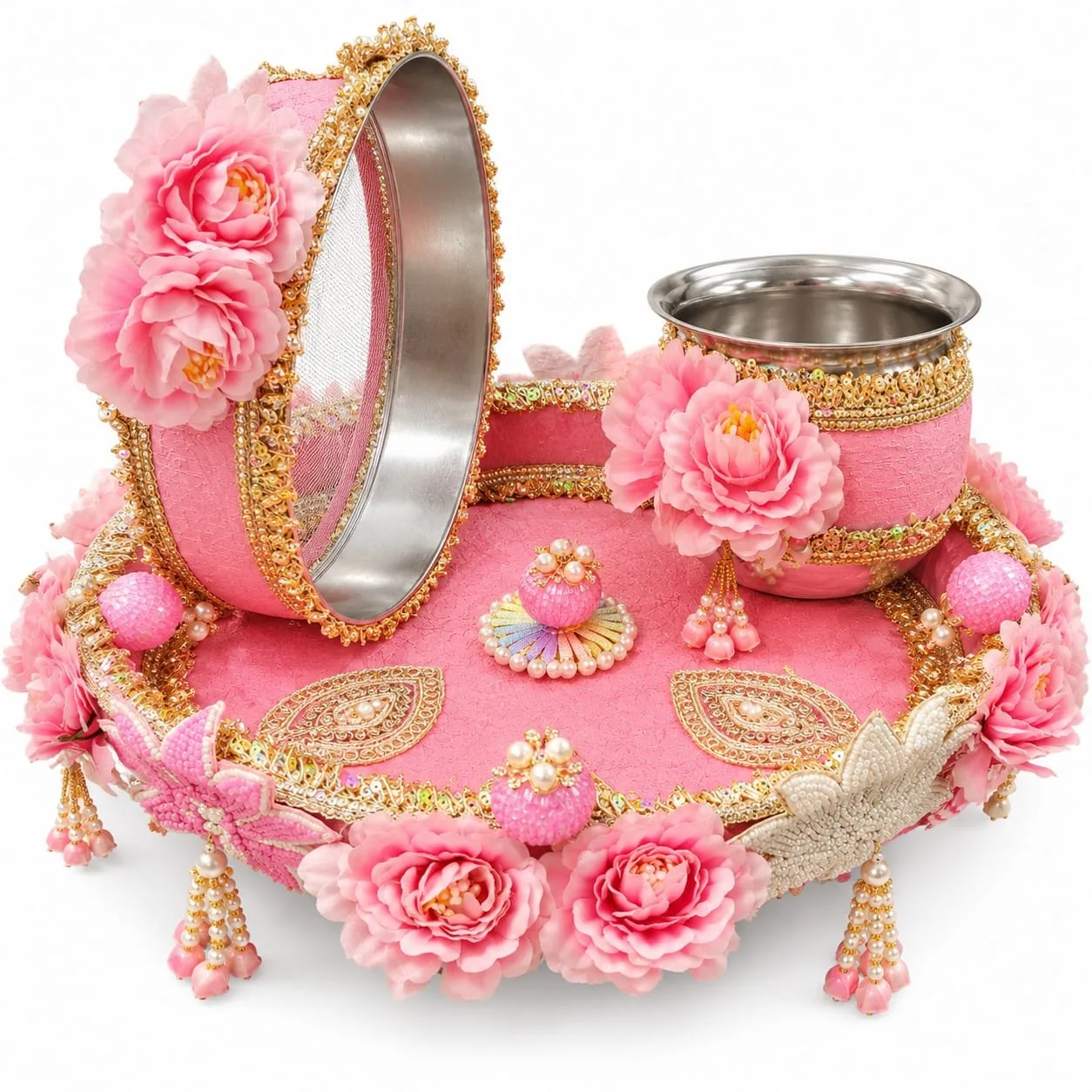 Karwa Chauth Pooja Thali Set with Lota and Channi light pink flower decoration