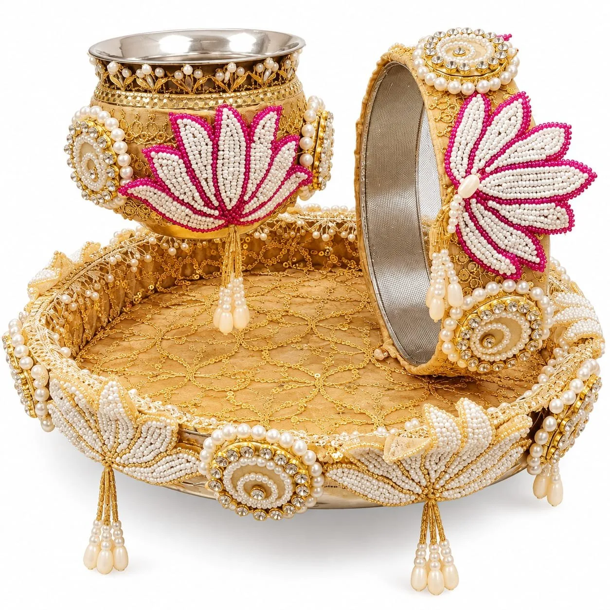 Karwa Chauth Pooja Thali Set with Lota and Channi golden jari and gota work