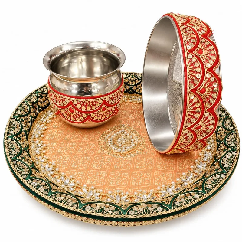 Karwa Chauth Pooja Thali Set with Lota and Channi orange green