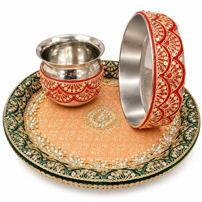 Karwa Chauth Pooja Thali Set with Lota and Channi orange green