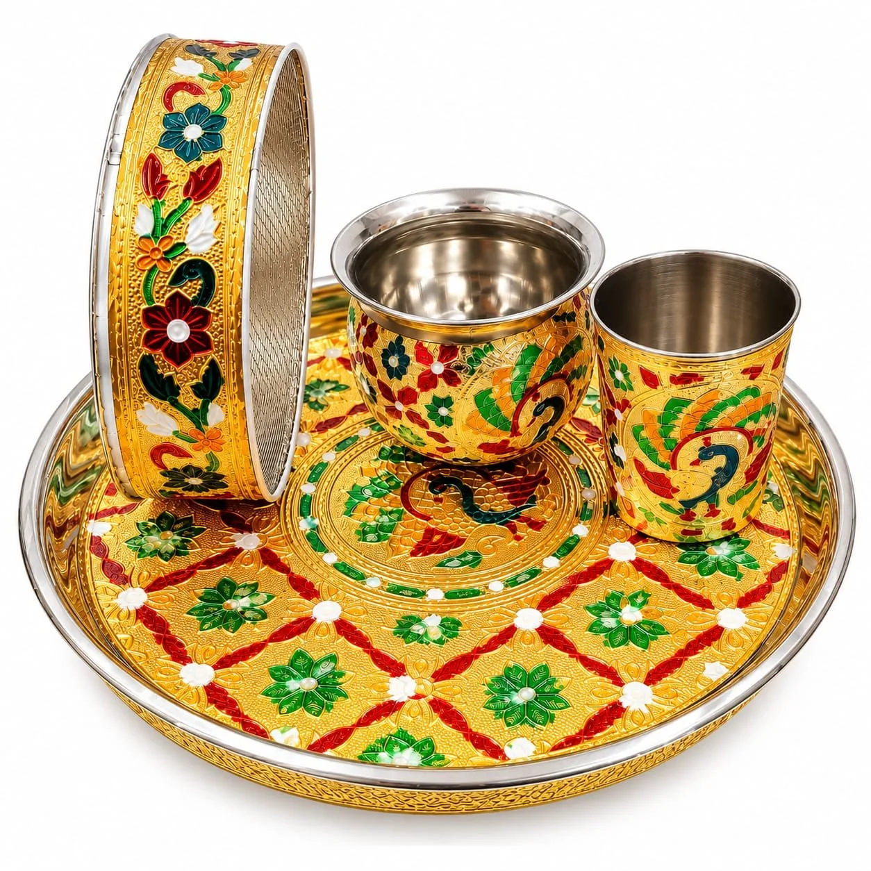 Karwa Chauth Pooja Thali Set with Lota and Channi menakari work