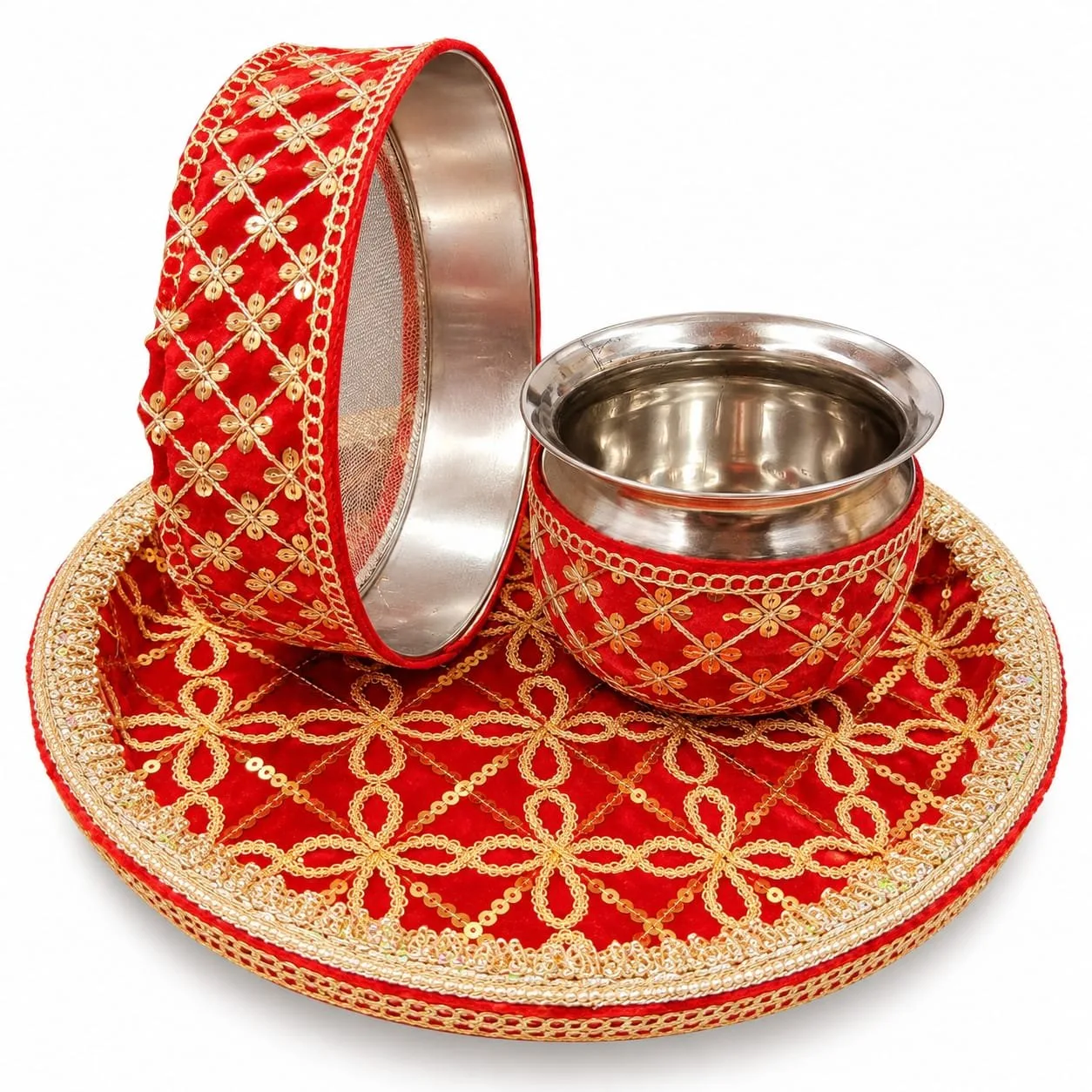 Karwa Chauth Pooja Thali Set with Lota and Channi red gota jari work
