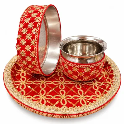 Karwa Chauth Pooja Thali Set with Lota and Channi red gota jari work