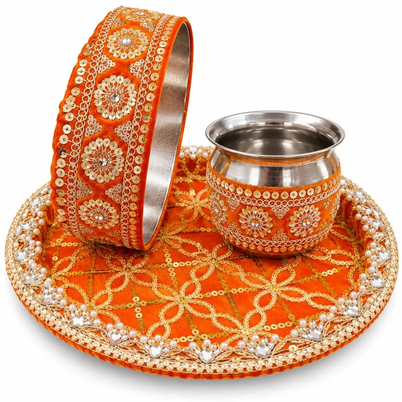Karwa Chauth Pooja Thali Set with Lota and Channi orange gota jari work