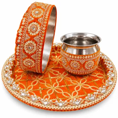 Karwa Chauth Pooja Thali Set with Lota and Channi orange gota jari work