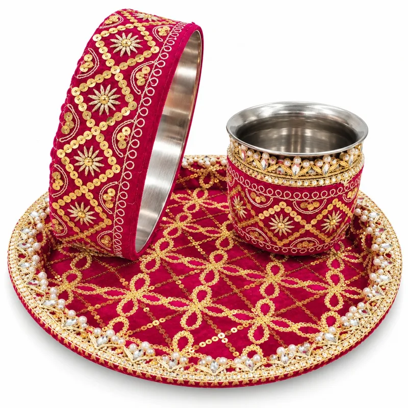 Karwa Chauth Pooja Thali Set with Lota and Channi dark pink gota jari work
