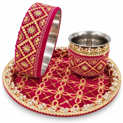 Karwa Chauth Pooja Thali Set with Lota and Channi dark pink gota jari work