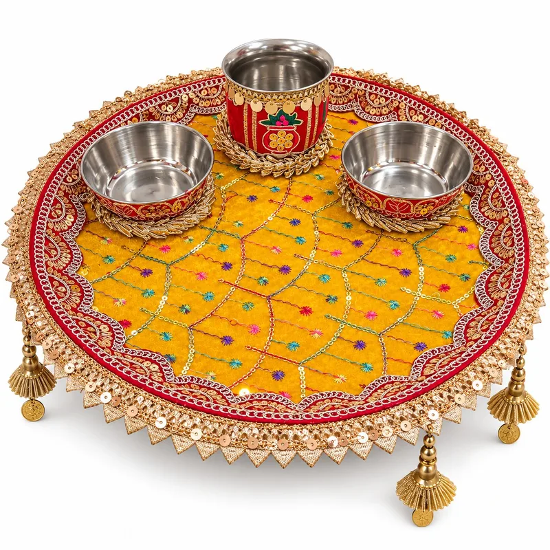 Designer Pooja Thali Set with 1 Plate 2 Katori and 1 Lota Karwa Chauth Pooja and Festive Decor yellow colour
