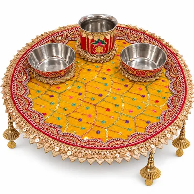 Designer Pooja Thali Set with 1 Plate 2 Katori and 1 Lota Karwa Chauth Pooja and Festive Decor yellow colour