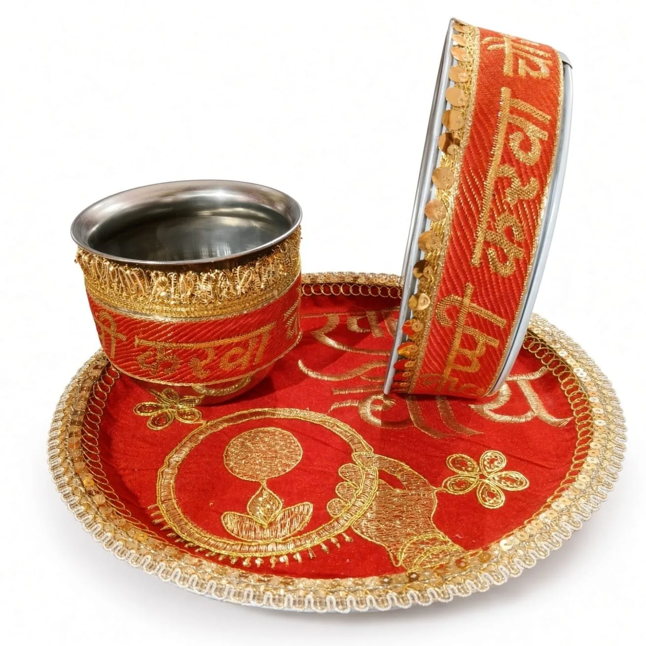 Karwa Chauth Pooja Thali Set with Lota and Channi red