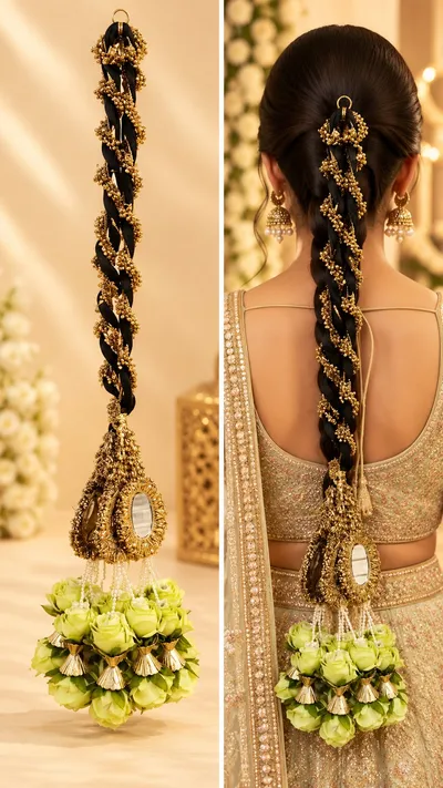 Designer Gota Parandi Hair Accessory for Girls and Women Traditional Bridal Hair Braid Extension with Latkan for Wedding and Festivals