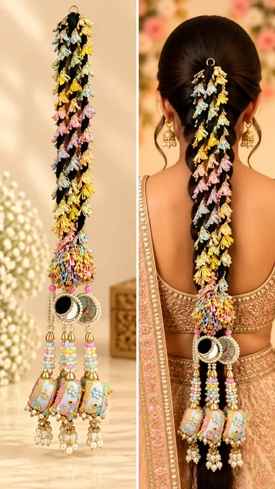 Designer Gota Parandi Hair Accessory for Girls and Women Traditional Bridal Hair Braid Extension with Latkan for Wedding and Festivals