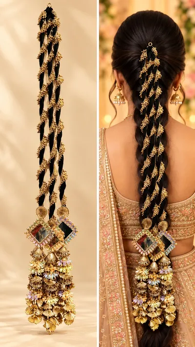 Designer Gota Parandi Hair Accessory for Girls and Women Traditional Bridal Hair Braid Extension with Latkan for Wedding and Festivals