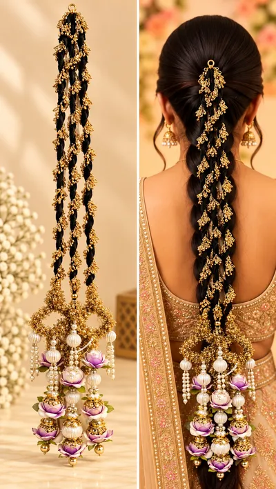 Designer Gota Parandi Hair Accessory for Girls and Women Traditional Bridal Hair Braid Extension with Latkan for Wedding and Festivals