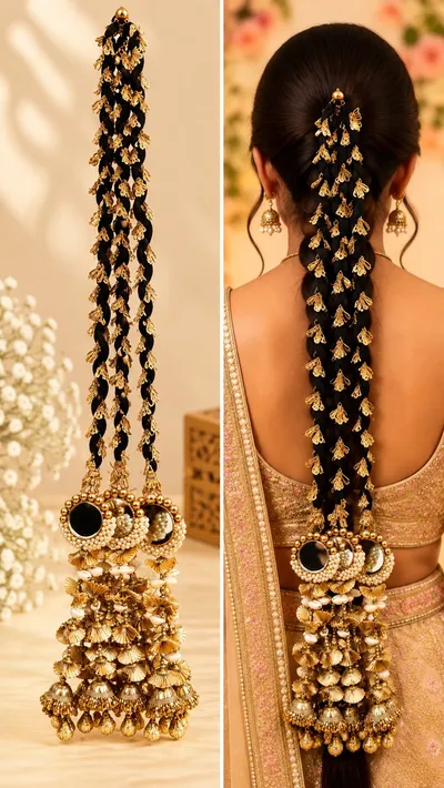 Designer Gota Parandi Hair Accessory for Girls and Women Traditional Bridal Hair Braid Extension with Latkan for Wedding and Festivals
