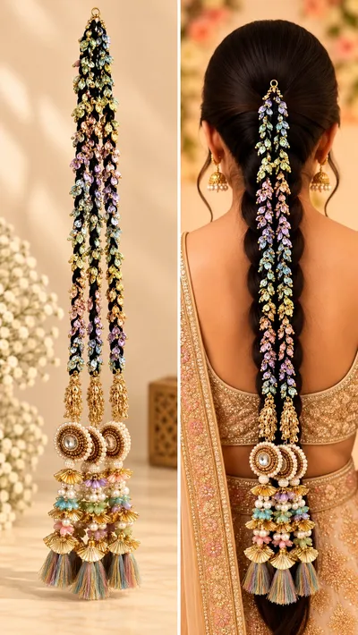 Designer Gota Parandi Hair Accessory for Girls and Women Traditional Bridal Hair Braid Extension with Latkan for Wedding and Festivals