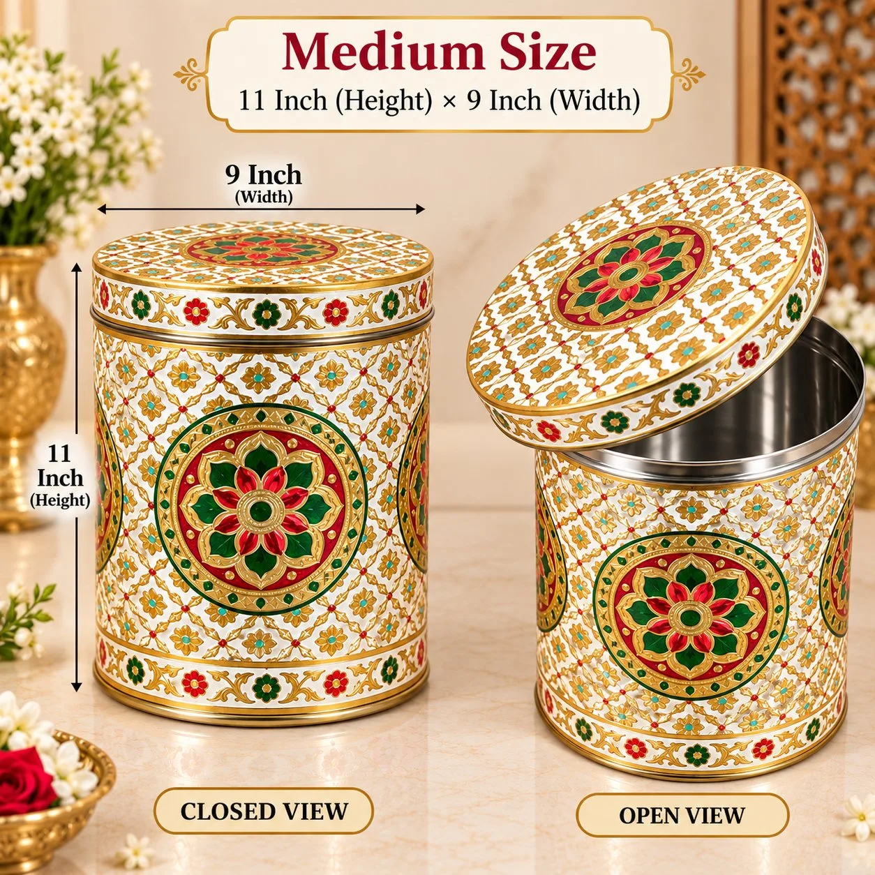 Medium Heavy Meenakari Steel Dabba for Wedding Gifting Kitchen Storage Dry Fruits, Sweet etcs
