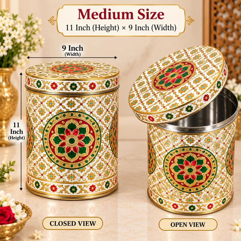 Medium Heavy Meenakari Steel Dabba for Wedding Gifting Kitchen Storage Dry Fruits, Sweet etcs