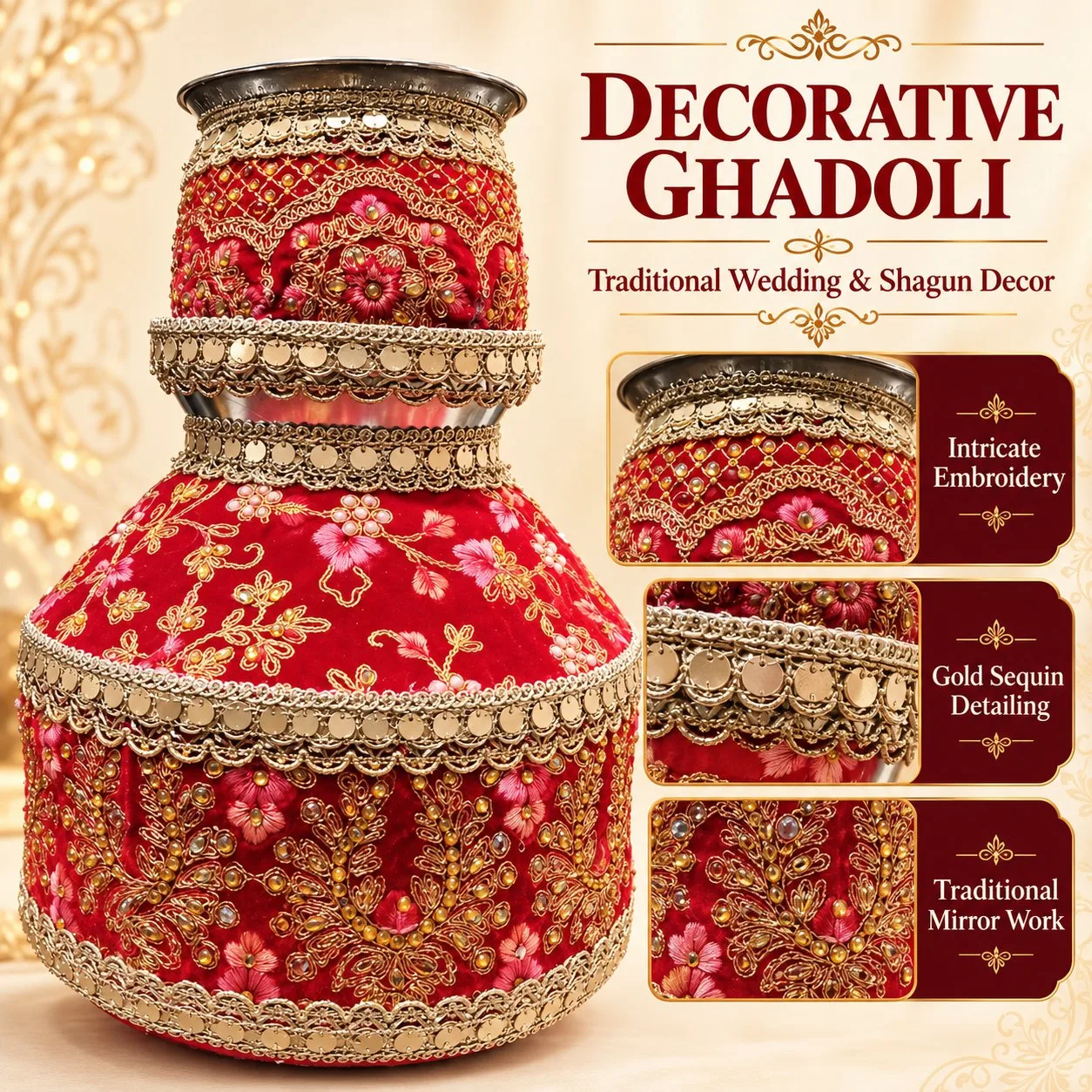 Designer Red Steel Ghadoli and Lota Combo Set for Indian Wedding Ceremonies | Jaggo for punjabi marriage Golden Embroidery Bridal Shagun Set