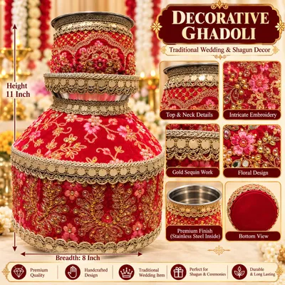 Designer Red Steel Ghadoli and Lota Combo Set for Indian Wedding Ceremonies | Jaggo for punjabi marriage Golden Embroidery Bridal Shagun Set thumbnail 2