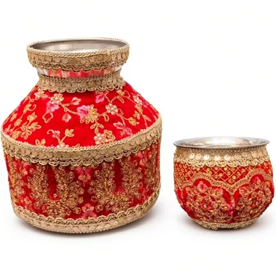 Designer Red Steel Ghadoli and Lota Combo Set for Indian Wedding Ceremonies | Jaggo for punjabi marriage Golden Embroidery Bridal Shagun Set thumbnail 3