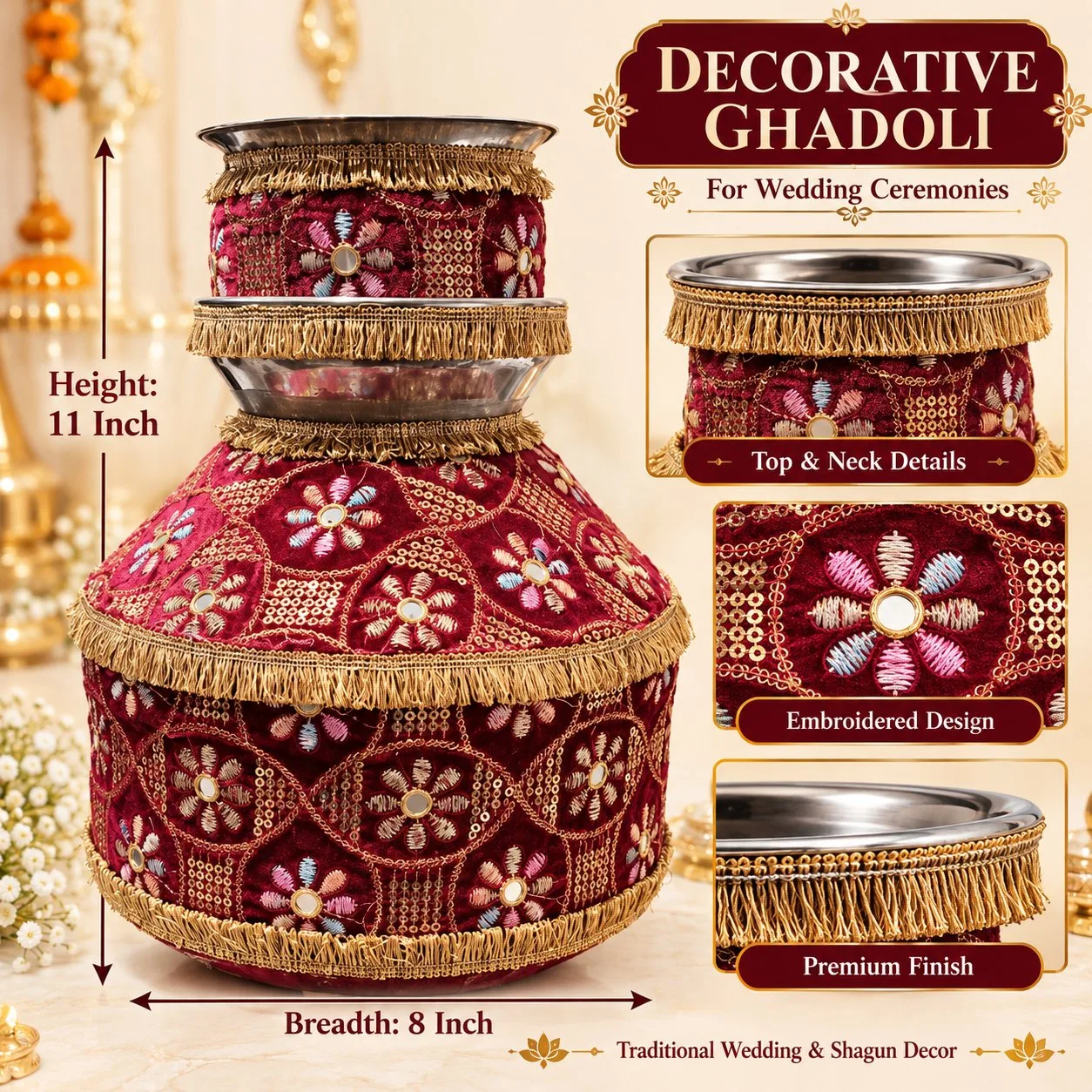 Designer Steel Maroon Ghadoli and Lota Combo Set for Indian Wedding Ceremonies | Traditional Jaggo function Bridal/Groom Shagun Set