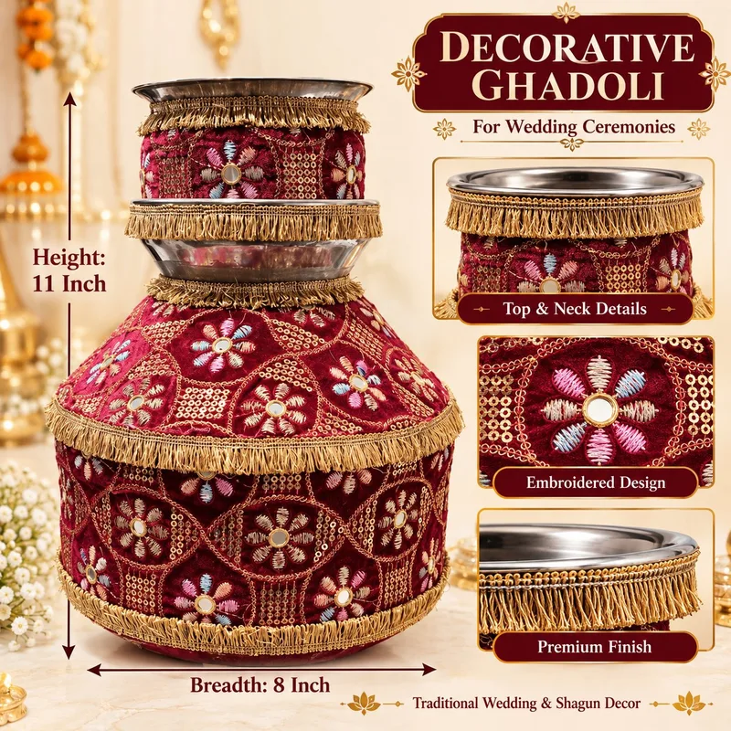 Designer Steel Maroon Ghadoli and Lota Combo Set for Indian Wedding Ceremonies | Traditional Jaggo function Bridal/Groom Shagun Set