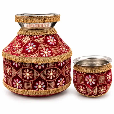 Designer Steel Maroon Ghadoli and Lota Combo Set for Indian Wedding Ceremonies | Traditional Jaggo function Bridal/Groom Shagun Set thumbnail 2