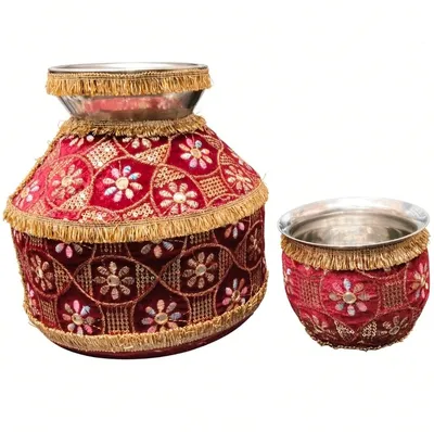 Designer Steel Maroon Ghadoli and Lota Combo Set for Indian Wedding Ceremonies | Traditional Jaggo function Bridal/Groom Shagun Set thumbnail 3