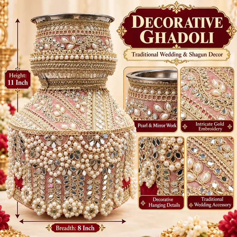 Designer Steel Pink Ghadoli and Lota Combo Set for Indian Wedding Ceremonies | Pearl & Mirror Work Bridal Shagun Set Jaggo Function