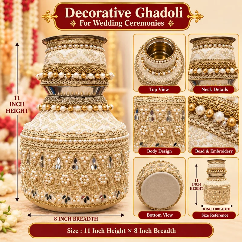 Designer Steel Ghadoli and Lota Combo Set for Indian Wedding Ceremonies | Pearl & Golden Embroidery Bridal Shagun Set jaggo function