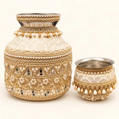 Designer Steel Ghadoli and Lota Combo Set for Indian Wedding Ceremonies | Pearl & Golden Embroidery Bridal Shagun Set jaggo function thumbnail 2