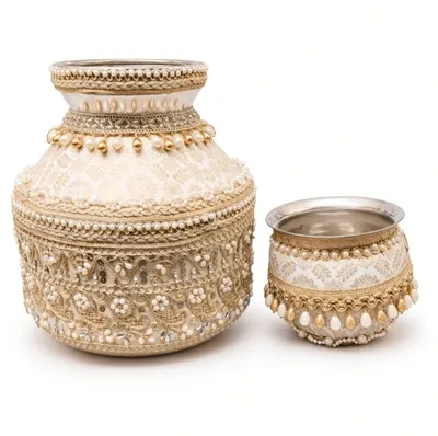 Designer Steel Ghadoli and Lota Combo Set for Indian Wedding Ceremonies | Pearl & Golden Embroidery Bridal Shagun Set jaggo function thumbnail 3