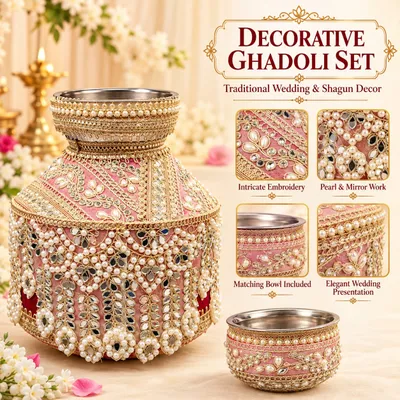 Designer Steel Pink Ghadoli and Lota Combo Set for Indian Wedding Ceremonies | Pearl & Mirror Work Bridal Shagun Set Jaggo Function thumbnail 2