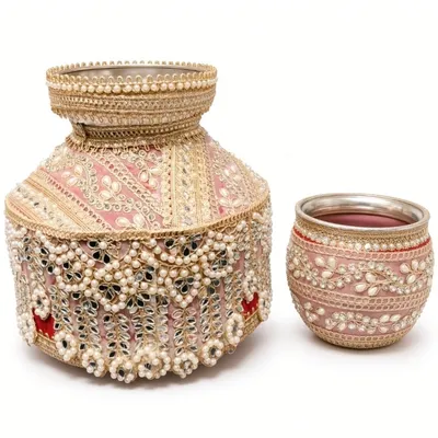 Designer Steel Pink Ghadoli and Lota Combo Set for Indian Wedding Ceremonies | Pearl & Mirror Work Bridal Shagun Set Jaggo Function thumbnail 3