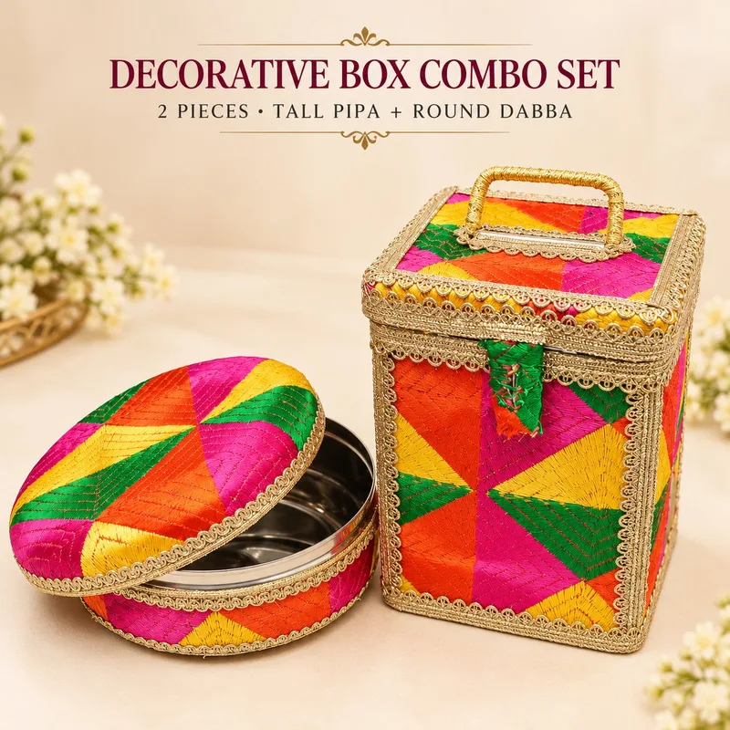 Multicolour Decorative Pippa dabba box and Round Dabba papad box Combo Set for Wedding Shagun & Gift Packing