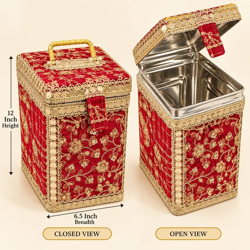 Red Designer Pippa Dabba Storage Box with Stainless Steel Inner Container | Decorative Wedding pippa storage box