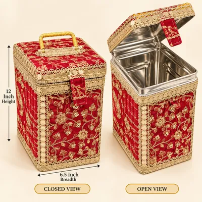 Red Designer Pippa Dabba Storage Box with Stainless Steel Inner Container | Decorative Wedding pippa storage box