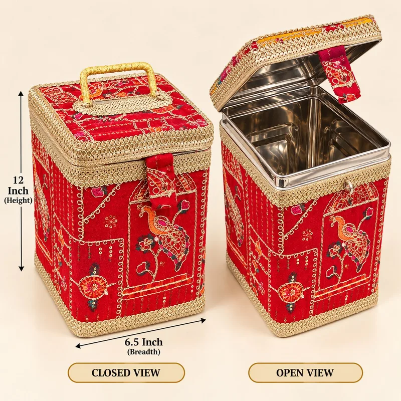 Red Designer Pippa Dabba Storage Box with Stainless Steel Inner Container | Decorative Wedding Storage Box
