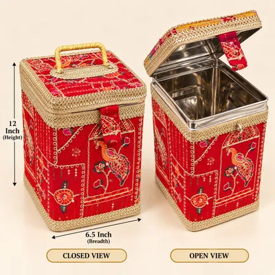 Red Designer Pippa Dabba Storage Box with Stainless Steel Inner Container | Decorative Wedding Storage Box