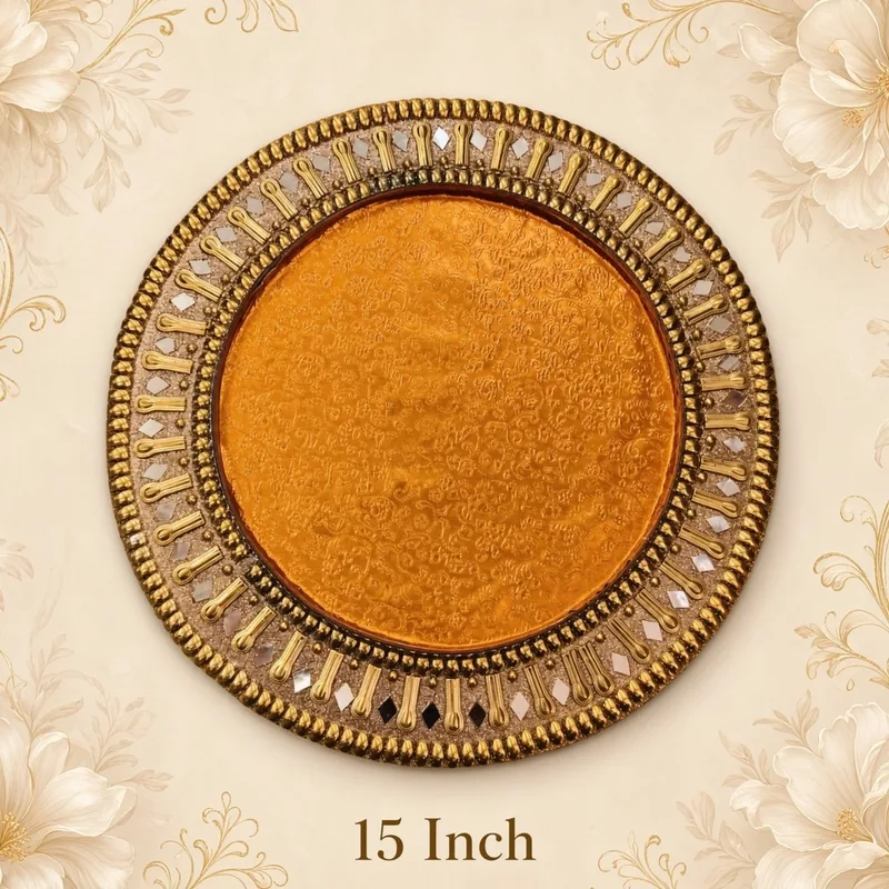 Premium Decorative Packing Tray / Thali | 15 Inch | Orange & Gold | For Dry Fruits, Gifts & Festive Occasions