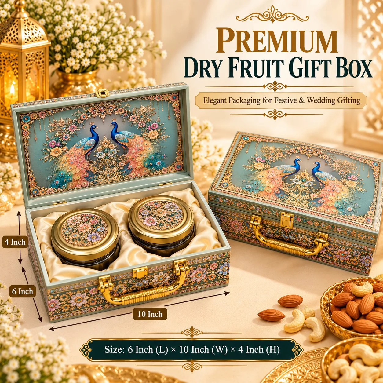 Premium Decorative Dry Fruit Gift Box with 2 Jars | Luxury Wedding & Festive Gift Hamper Box