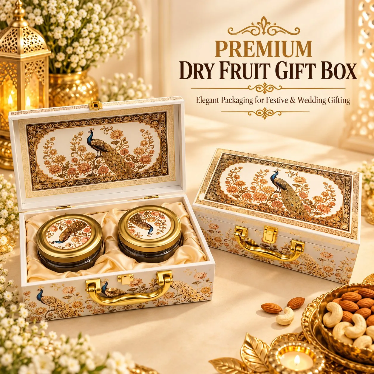 Premium Decorative Dry Fruit Gift Box with 2 Jars | Luxury Wedding & Festive Gift Hamper Box