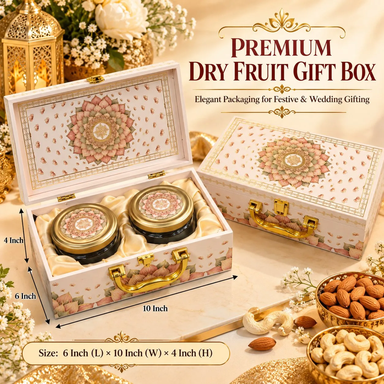 Premium Decorative Dry Fruit Gift Box with 2 Jars | Luxury Wedding & Festive Gift Hamper Box
